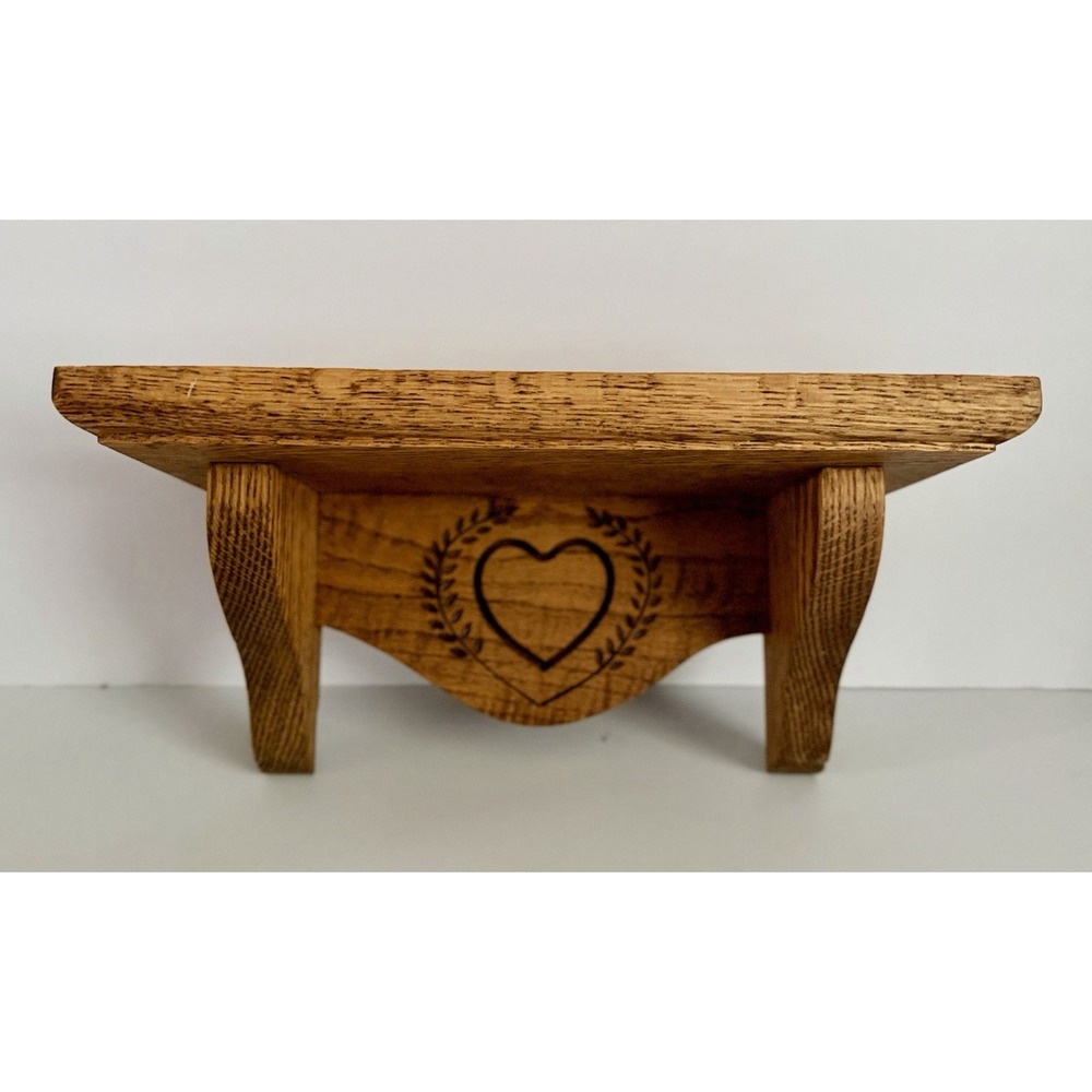 Vintage Heart Shelf Carved Laurel Wreath Oak Wood Country Farmhouse Cottagecore